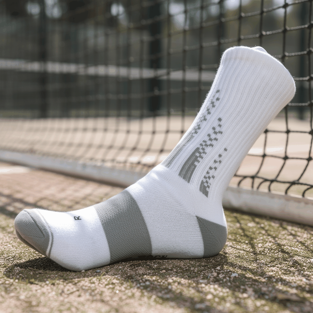 White and grey crew padel socks with cushioning and moisture-wicking fibers designed for on-court performance